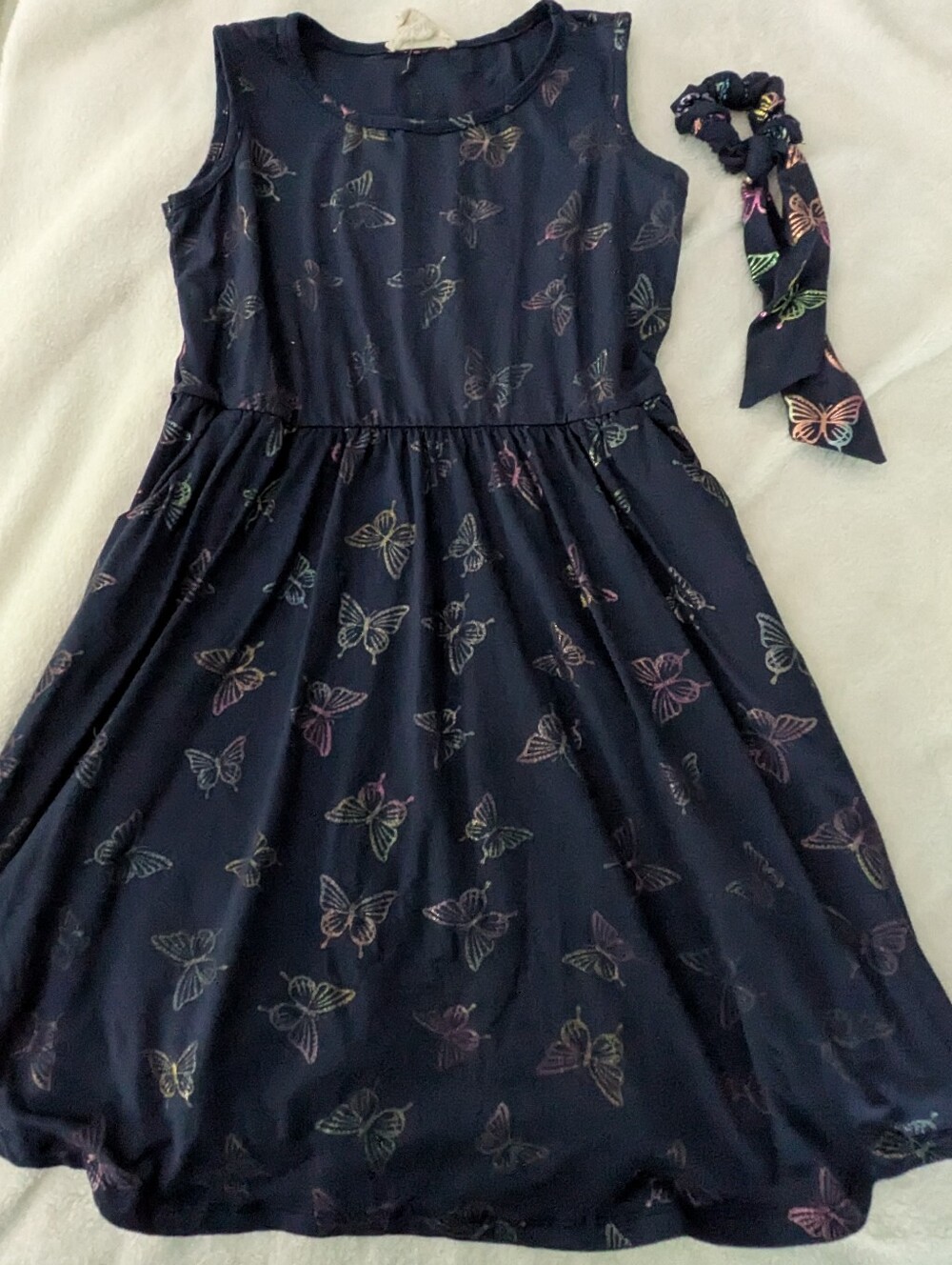 🛍️3/$15--FGUC Emma & Elsa metallic foil butterfly print tank dress & scrumchie